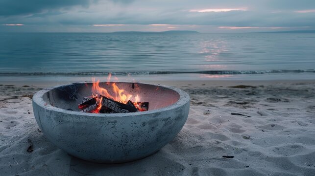 Concrete fire pit with burnt embers on sandy beach
