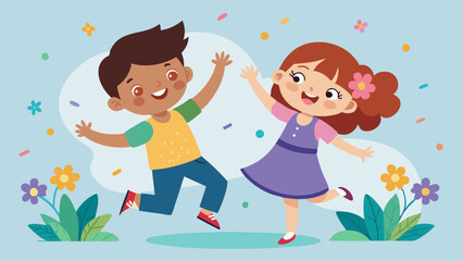  Happy cute kids boy and girl dance together, vector arts illustration 