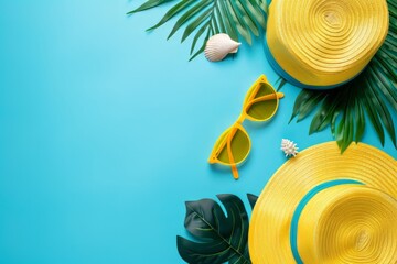 summer blue banner with yellow hat ,sunglasses,seashell and monstera leaf on blue background