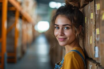 Cheerful young woman leaning against boxes in a warehouse, demonstrating the hard work and positivity prevalent in logistics and supply chain sectors.