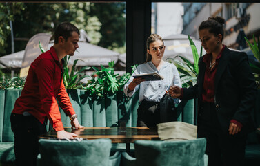 Group of businesspeople having a serious strategy discussion in a modern cafe. Focused on tablet and documents, with a collaborative and professional atmosphere.