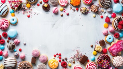 Colorful sweets on white background with space for text