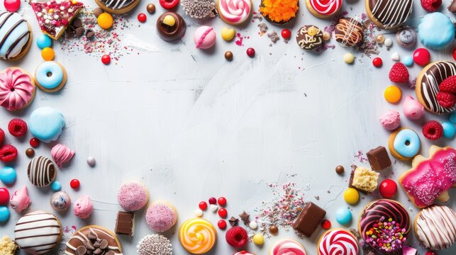 Colorful sweets on white background with space for text