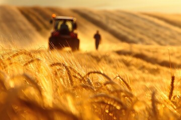 People on the combiners work in field harvesting wheat blur grain harvest People scene at sunset
