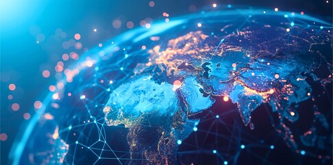 "Stunning visualization of the Earth with glowing network connections illustrating global communication and data pathways across continents."

