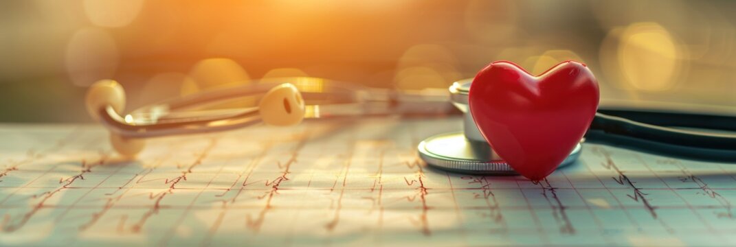 Stethoscope and red heart placed on EKG paper, heart health concept