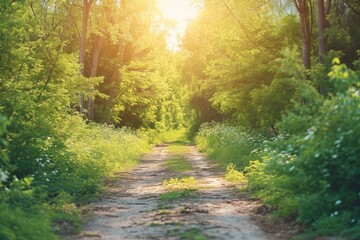 Fototapeta premium A serene woodland path, bathed in sunlight filtering through the canopy overhead.