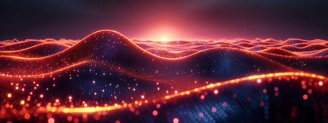 Digital art landscape of glowing data waves flowing over hills, representing the integration and evolution in AI technology.. The background features dark purple with orange highlights.