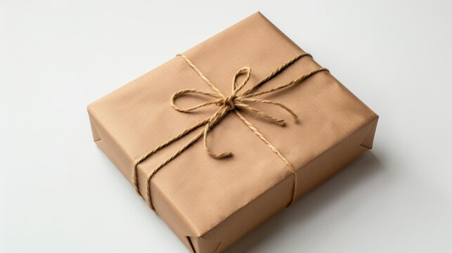 A neatly wrapped package tied with twine on a plain surface