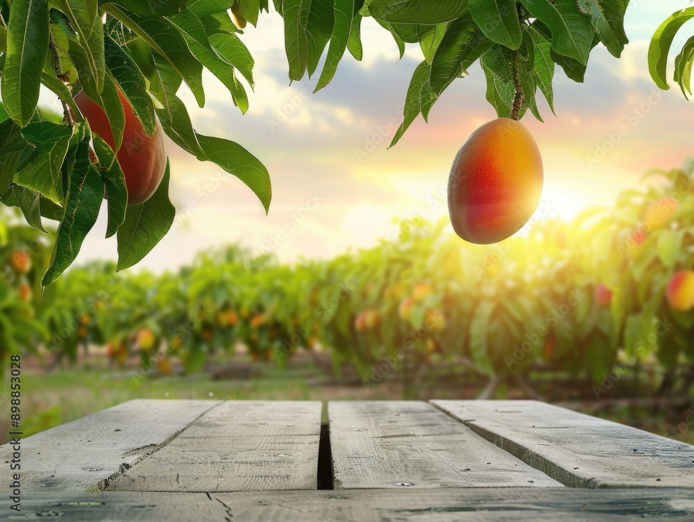 Poster a table with a bunch of mangoes on it. the table is empty and the mangoes are hanging from the tree