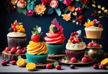 charming dessert display featuring festive treats colorful decorations enchanting celebration, cakes, pastries, cookies, cupcakes, sweets, desserts