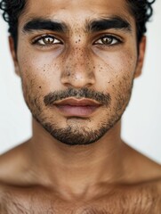 Obraz premium A man with a beard and brown hair has a brownish-yellowish eye color