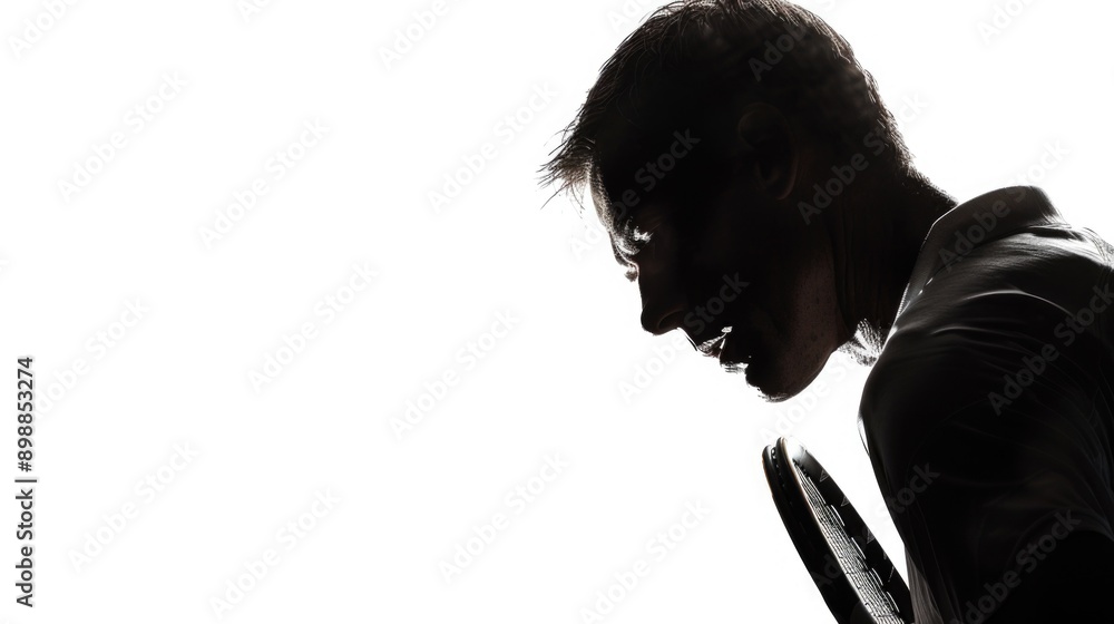 Poster a man is playing tennis with a racket. the image is in black and white and the man is the only visib