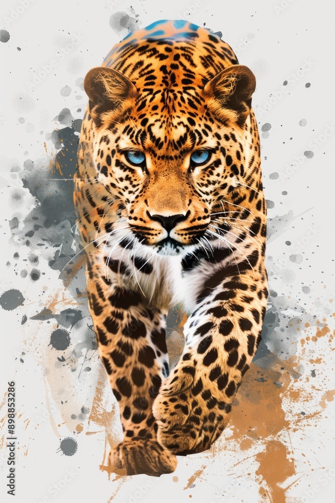 Poster a leopard is walking across a white background with splatters of paint. the splatters give the image