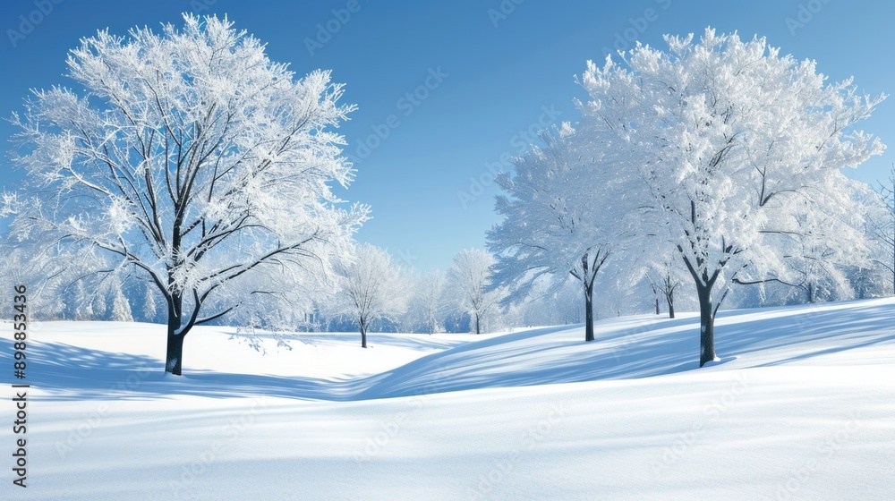 Poster a snowy field with three trees in the foreground and a blue sky in the background. the trees are cov