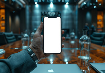 Businessman Holding Smartphone with Blank Screen in Modern Conference RoomBusinessman Holding Smartphone with Blank Screen in Modern Conference Room