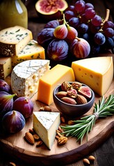 stunning display assorted cheeses artfully arranged rustic wooden board surrounded fresh fruits nuts, assortment, arrangement, platter, gourmet, selection