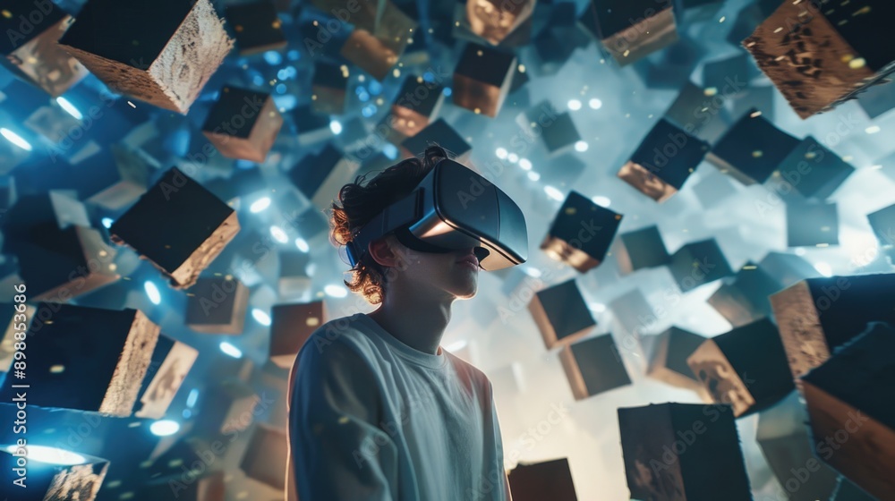 Poster a man wearing a virtual reality headset is standing in a room full of cubes. the cubes are scattered