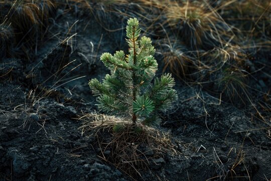 A small pine tree is growing in a rocky field. The tree is surrounded by dry grass and dirt. Concept of resilience and hope, as the tree is able to grow and thrive in a harsh environment