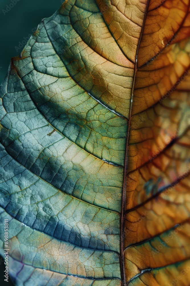 Poster a leaf with a green and brown color. the leaf is in a close up view. the leaf has a unique texture a