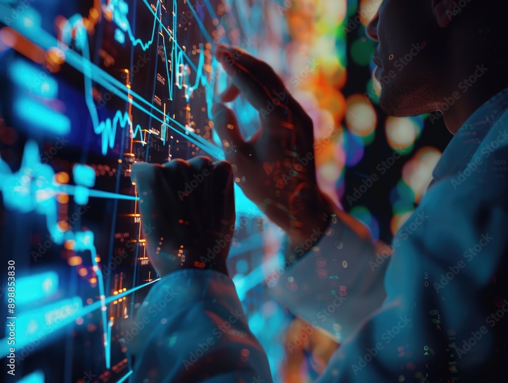 Poster a man is touching a computer screen with his finger. the screen is filled with numbers and lines, an