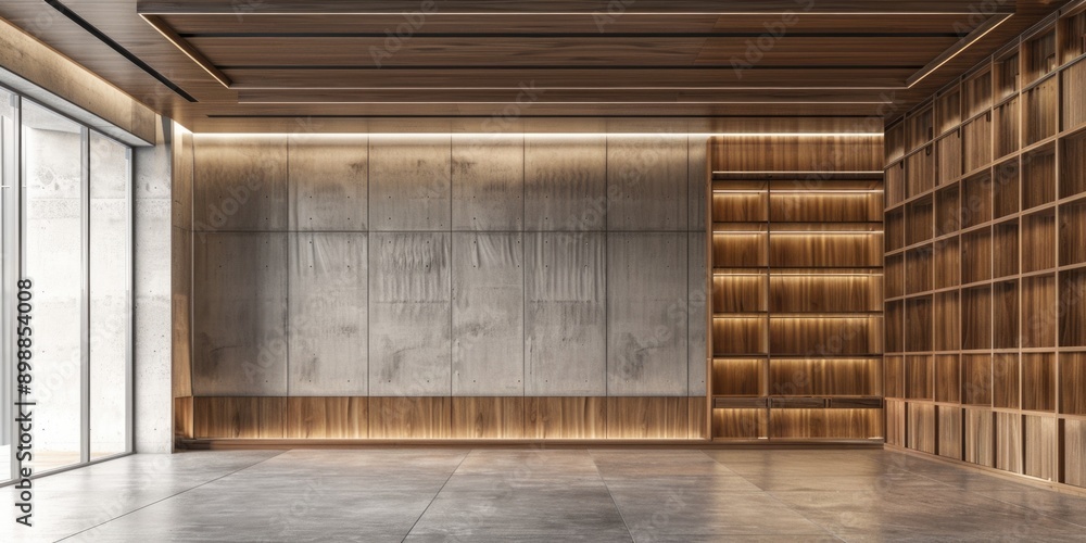 Aufkleber a large empty room with a wooden bookshelf and a window. the room is empty and has a modern, minimal