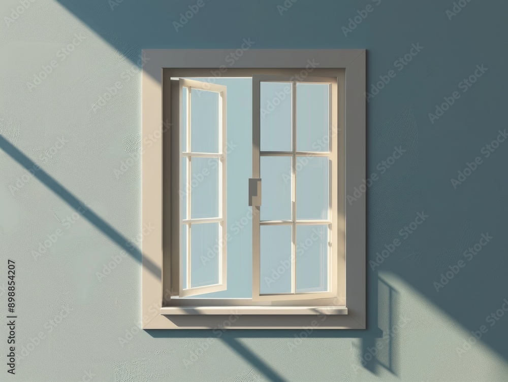 Poster a window with a white frame and a white pane. the window is open, letting in sunlight