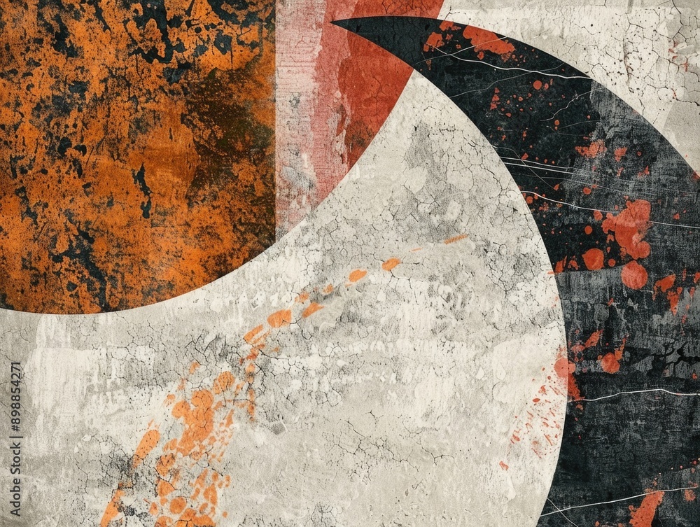 Poster a painting of a circle and a triangle with a splash of red. the painting is abstract and has a sense