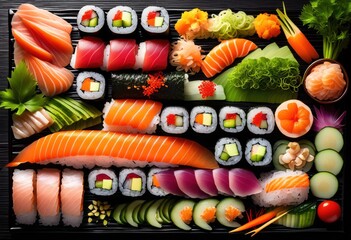 artful arrangement fresh sushi ingredients bamboo mat showcasing vibrant colors textures culinary presentation, display, fish, rice, seaweed, vegetables, herbs