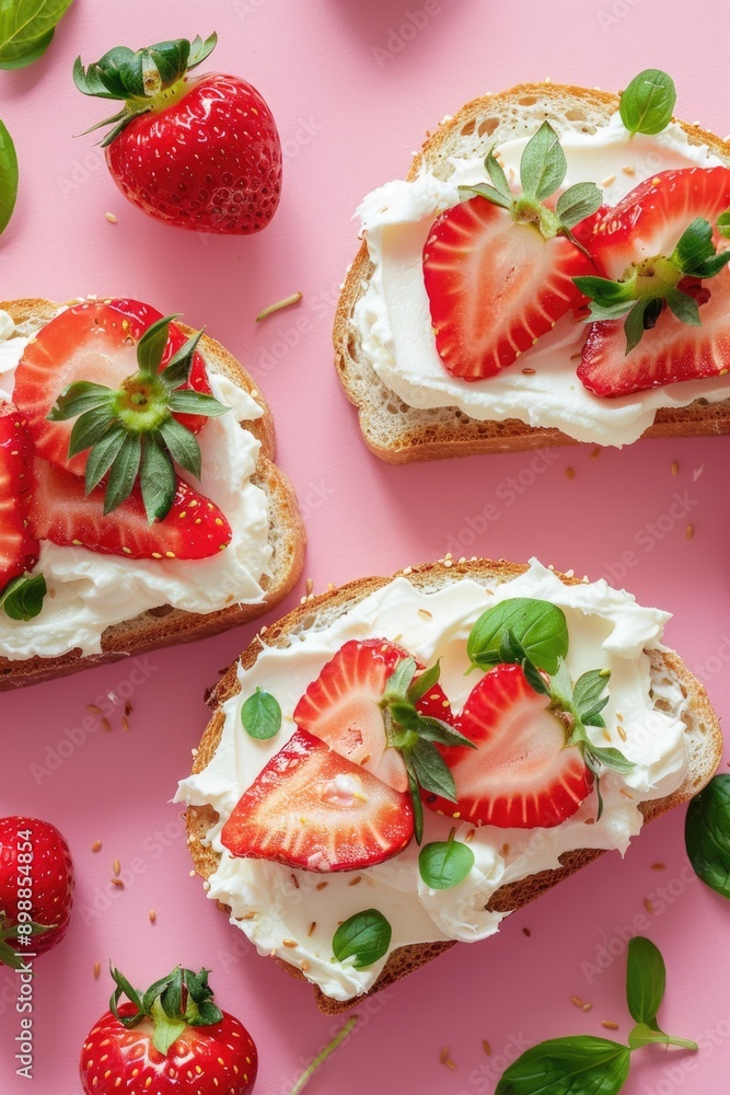 Poster three slices of bread with strawberries and cream on top. the bread is toasted and the strawberries 