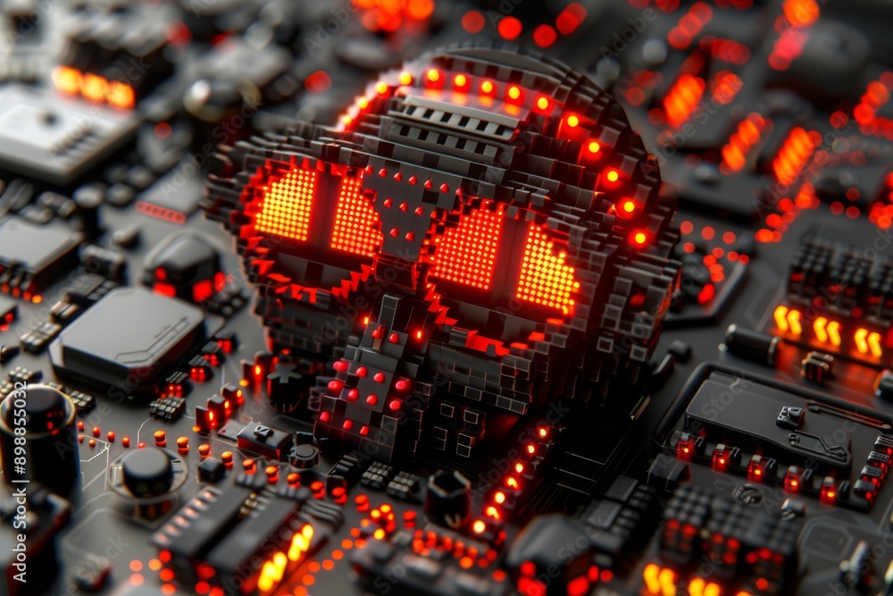 Poster cyberpunk inspired close up of a red neon skull integrated into a futuristic circuit board perfect f