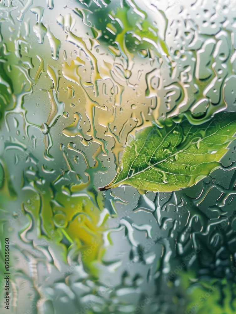 Sticker a leaf is on a window with raindrops on it