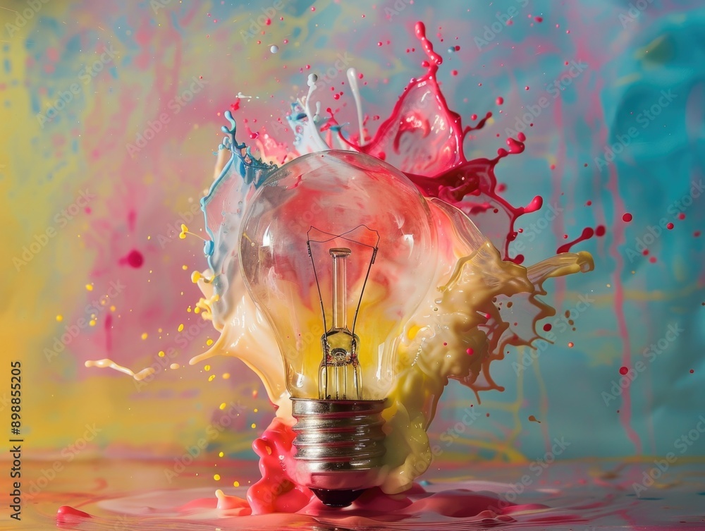 Poster a light bulb is surrounded by colorful paint splatters, creating a vibrant and dynamic scene. the li