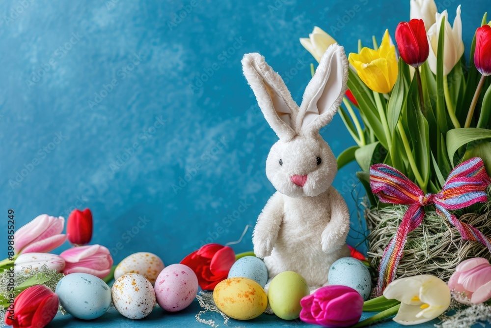 Poster a bunny is standing in front of a bunch of easter eggs and flowers. the bunny is white and the eggs 