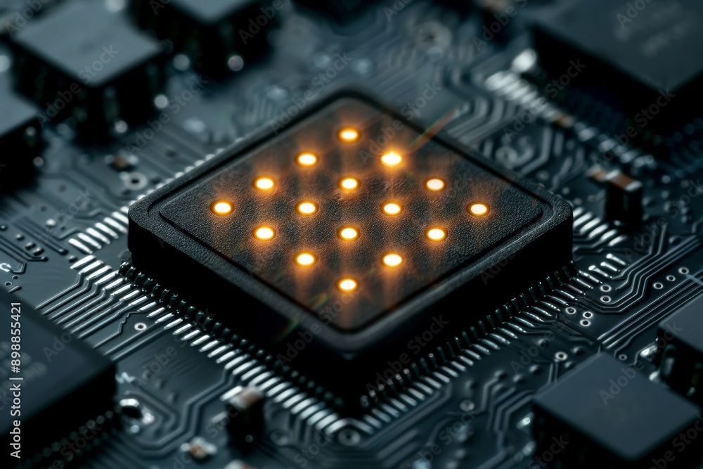 Poster macro shot of a glowing microchip on a black circuit board highlighting the intricate and futuristic