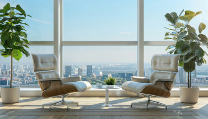 Fototapeta premium Two chairs, a plant, and a large window with a beautiful view fill the living room