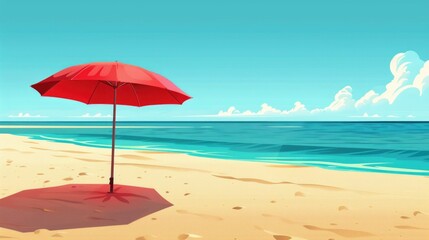 A red umbrella is on a beach with the ocean in the background. Scene is relaxed and peaceful