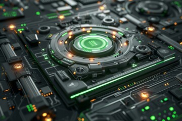 Fototapeta premium High tech green and black circuit board with glowing components evoking a futuristic and innovative technological design