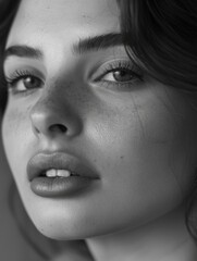 A woman with a black and white photo of her face