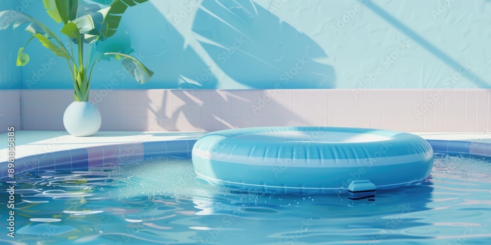 Poster a blue inflatable pool float sits in a pool of water. the pool is surrounded by a white wall and a p
