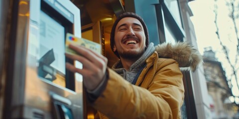 A man is smiling and holding a credit card in front of a machine. He is happy and seems to be enjoying himself