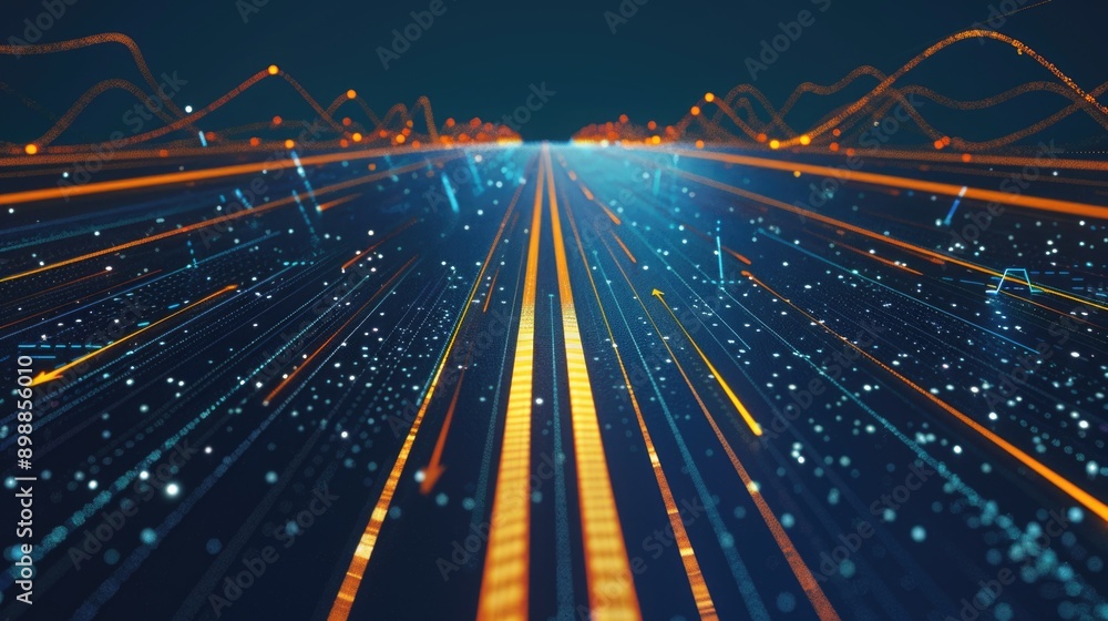Poster a blue and orange line with many dots and lines. the line is very long and it looks like it is movin