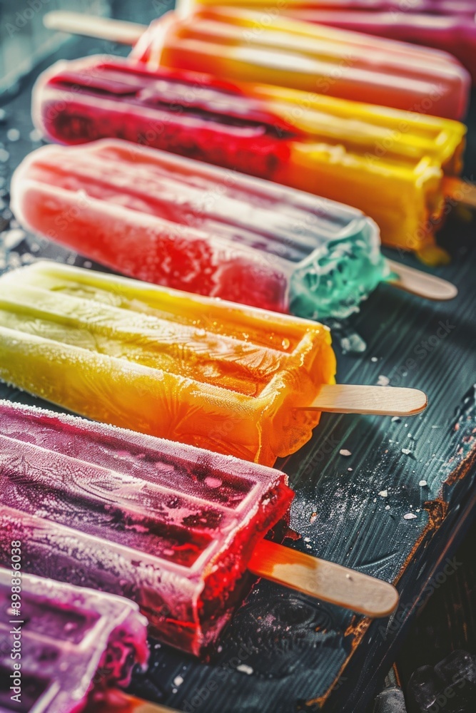 Poster a row of colorful ice pops with a blue background. the pops are arranged in a row and are of differe