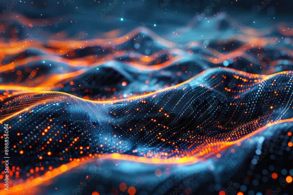 Poster a computer generated image of a mountain range with orange and blue colors. the image has a futurist