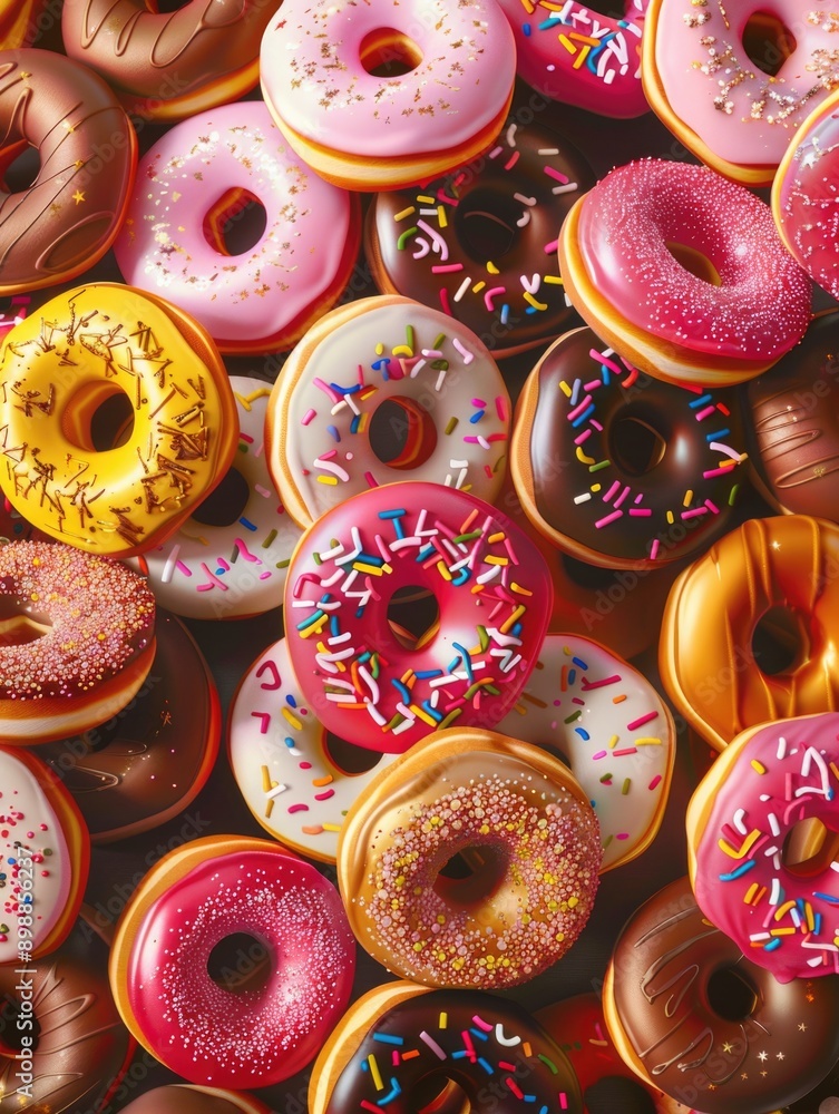 Poster a close up of many different colored donuts with sprinkles on them. concept of abundance and variety