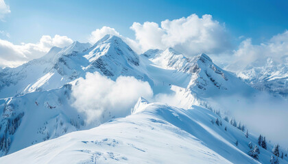 Obraz premium A snowcovered mountain with clouds on a sunny day under a clear sky creates a picturesque scene