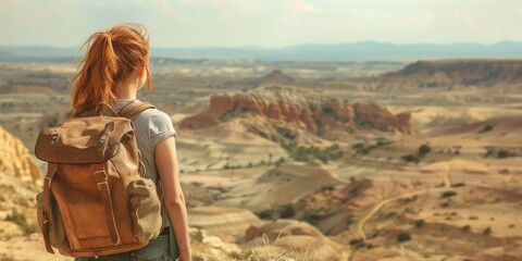 Fototapeta premium A woman with a backpack is standing on a hill overlooking a desert. The scene is peaceful and serene, with the vast expanse of the desert stretching out in front of her