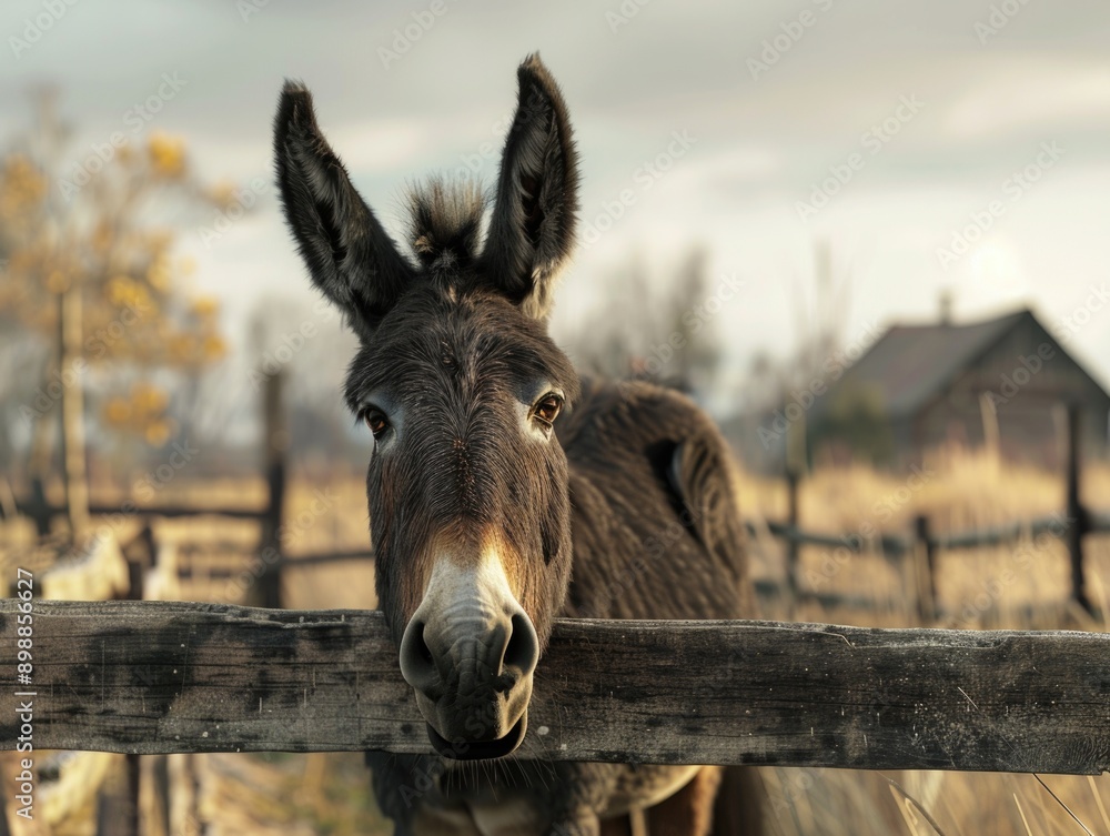 Poster a donkey is standing in front of a wooden fence. the donkey is looking at the camera with a curious 