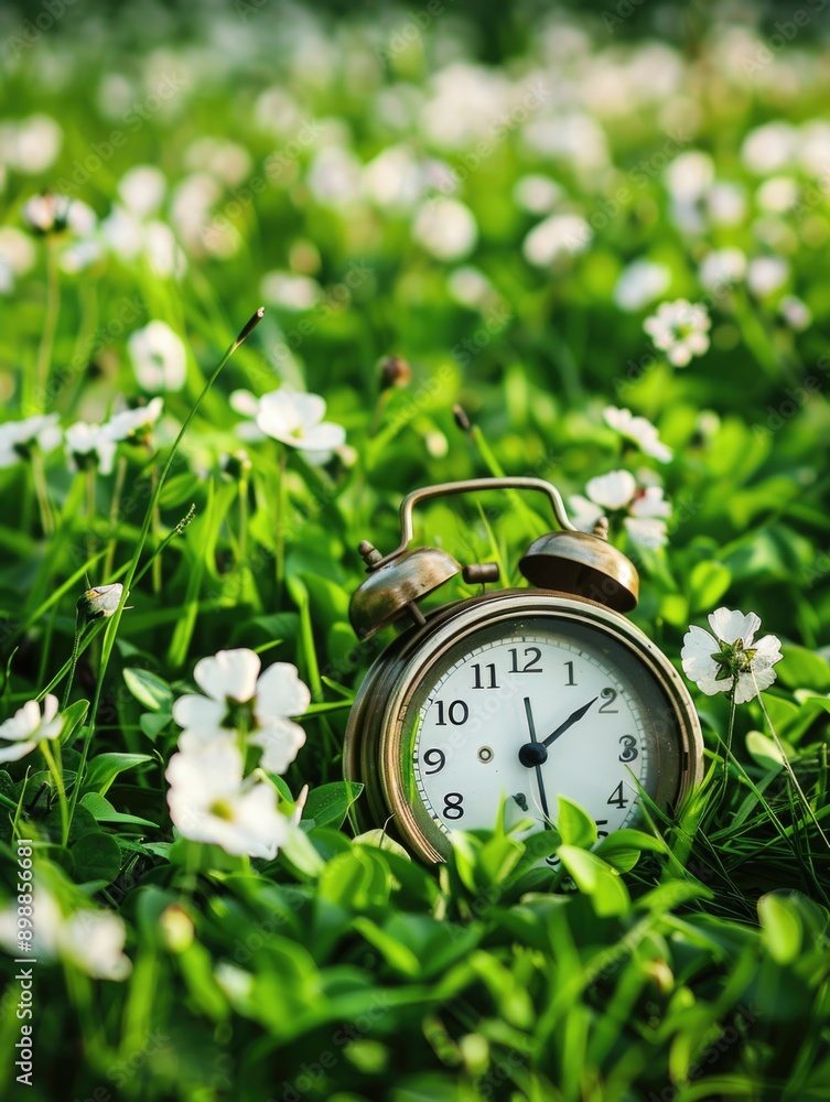 Poster a clock is sitting in a field of flowers. the clock is set to the time of 10:00