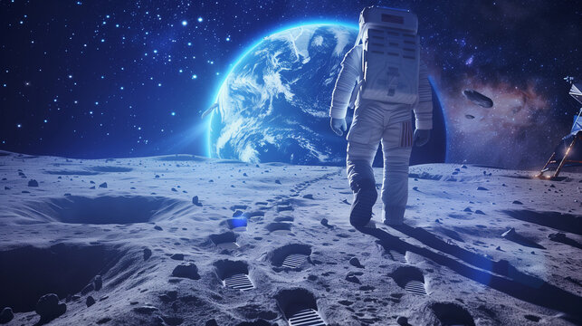 Astronaut Walking on Moon Facing Earth